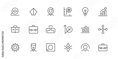 Minimalist Business and Technology Icon Set. Clean line icons set, minimal vector illustration, isolated on white background. A grid of multimedia icons representing various aspects of digital content