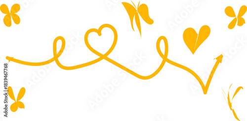 Yellow heart and butterflies line drawing white