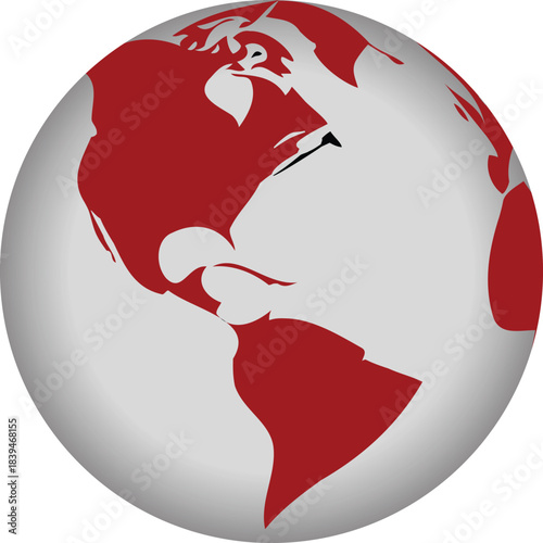 Red world map globe with bold continental silhouettes on a smooth sphere. Modern global design ideal for branding and digital projects. Perfect for international, corporate, and futuristic themes.