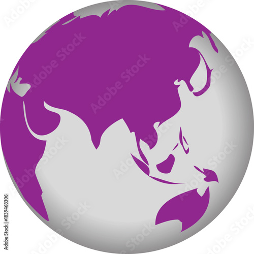 Vibrant purple world map globe with bold continental shapes. Modern spherical earth design ideal for global concepts. Perfect for branding, digital graphics, and contemporary themes.
