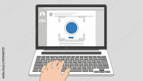 A hand interacting with a laptop displaying a loading animation on its screen against a plain gray background.