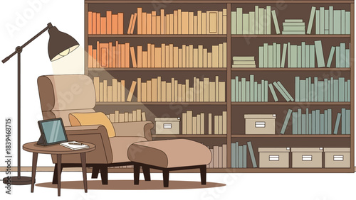 Illustration of a cozy reading nook with a laptop on a side table, a floor lamp, and a comfortable armchair in front of a large bookshelf with storage boxes.