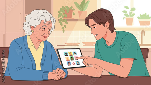 Illustration of a young man showing a tablet to a senior woman in a kitchen with a warm and cozy atmosphere.