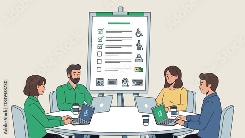 Flat illustration of a diverse team collaborating around a table with laptops and a presentation board in a minimalist setting.