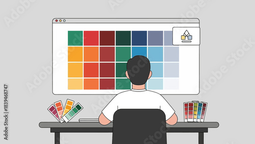 Illustration of a man sitting at a desk in front of a large computer screen displaying a color palette with paint swatches on either side, in a minimalist setting.