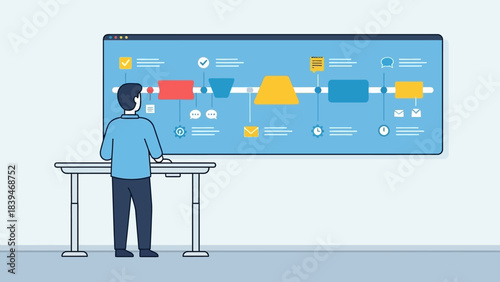 Man standing at a table presenting a colorful flowchart on a large screen in a minimalist setting.