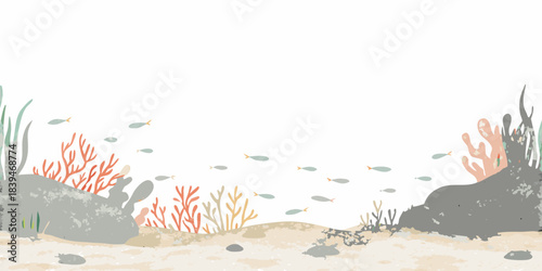 An underwater scene featuring coral rocks and small schools of fish