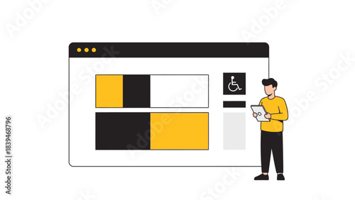 A man in a yellow shirt analyzes a colorful bar chart on a large computer screen with a minimalist design.