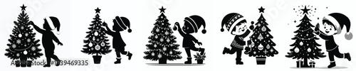 vector silhouette of a little boy decorating a Christmas tree