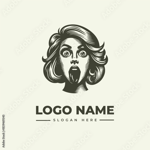 Vector logo illustration of shocked woman face engraving with dynamic hairstyle in graphic design style