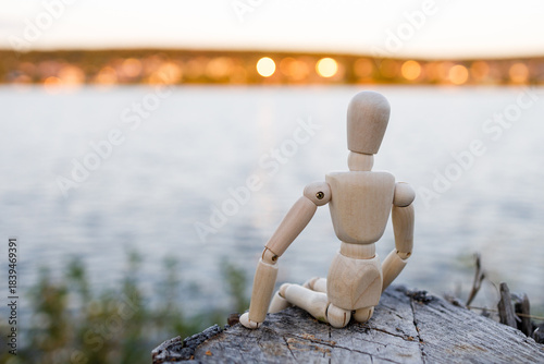 A wooden figure is sitting on a log by a body of water