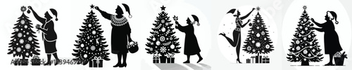 vector silhouette of a grandma decorating a Christmas tree