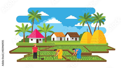 A peaceful countryside scene with farmers working in rice fields and palm trees