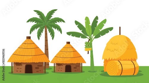 Tropical village scene with thatched huts palm trees and hay bales