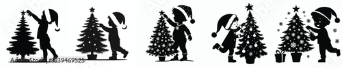 vector silhouette of a little boy decorating a Christmas tree