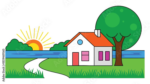 A charming illustration depicts a house sun trees and a serene landscape