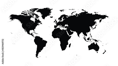 A stark black and white silhouette of the world s continents and oceans