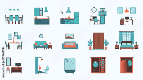 Colorful flat design icons depicting various room interiors and furniture