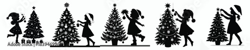 vector silhouette of a little girl decorating a Christmas tree