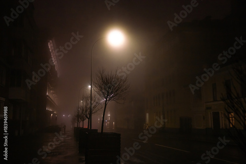 Street lights in mist. Autumn night with rain in the city