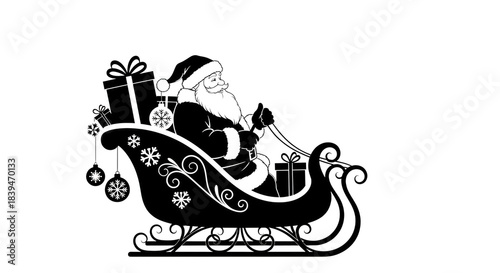 Santa's Sleigh Outline Christmas Line Art Illustration