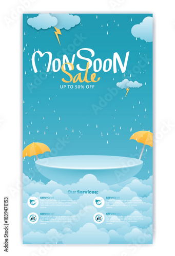 Monsoon sale with headphones and makeup brushes on a cloud