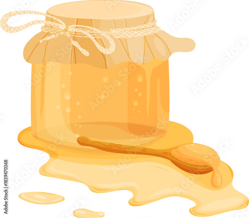 A sweet vector illustration of a glass honey jar overflowing with golden honey and a wooden spoon is resting in the thick honey puddle. Perfect for food design.