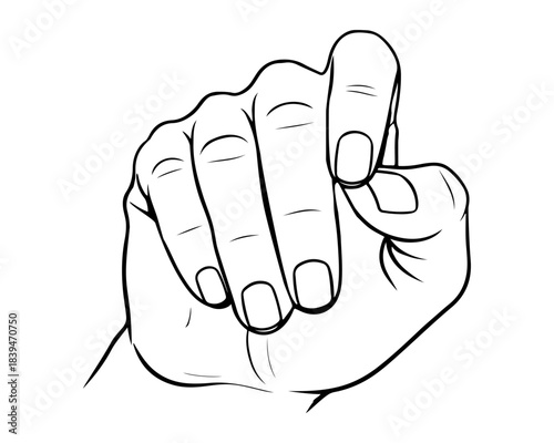 Detailed monochrome line art illustration of a human hand making a clenched fist gesture, ideal for communication, strength, or conceptual design elements in various projects