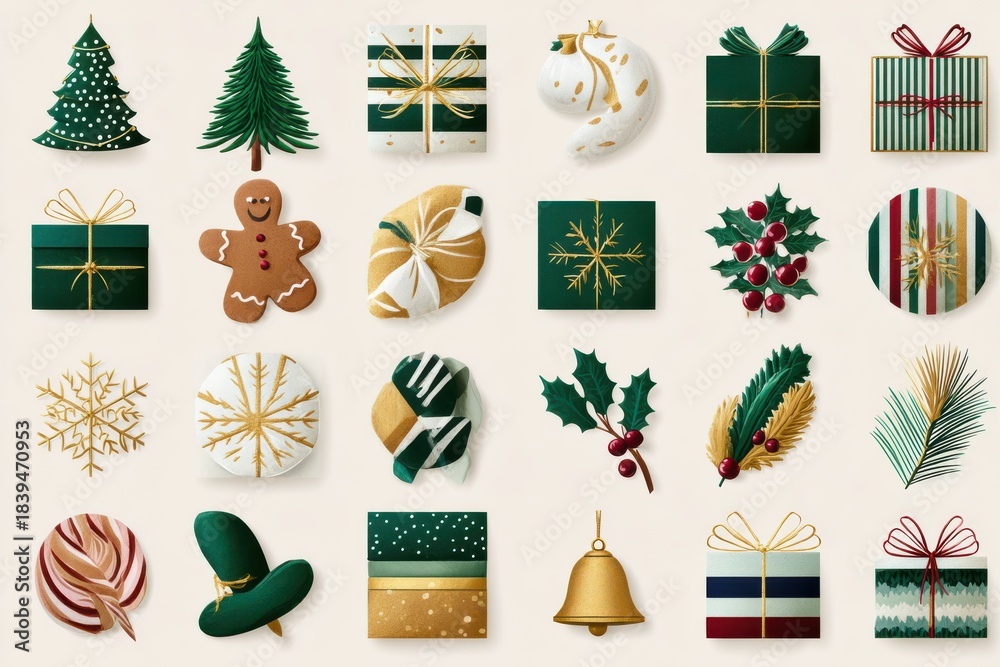 Fototapeta premium Christmas gift and decoration collage featuring trees, presents, ornaments, and festive icons