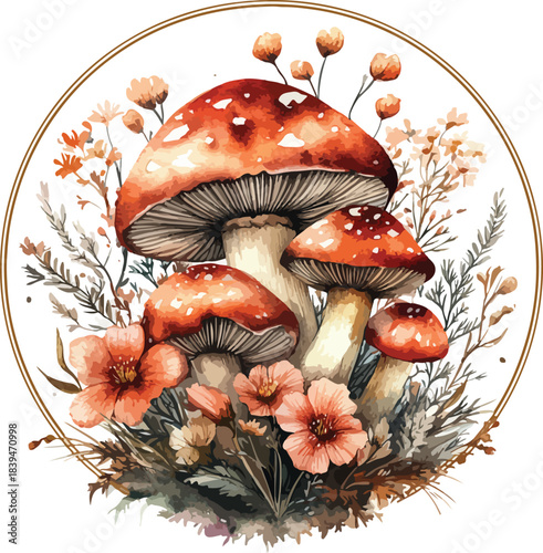 A vibrant red fly agaric mushroom with a white spotted cap grows nestled in the green forest moss and grass during the autumn season