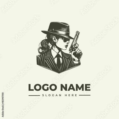 Illustration of Woman Detective Holding Gun in Fedora Hat Vector Logo Engraving Style 328.eps