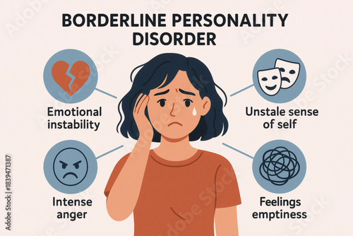 Minimal illustration, in-depth analysis of borderline personality disorder, recognizable by episodes of intense anger, emotional instability, and a wavering sense of self.
