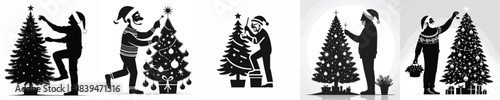 vector silhouette of a grandpa decorating a Christmas tree