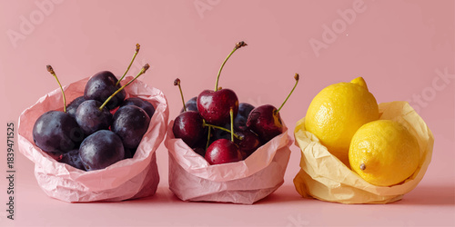 Three small baskets filled with fresh dark purple grapes ripe red cherries and bright yellow lemons against a soft pink background
