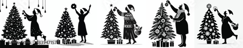 vector silhouette of a grandma decorating a Christmas tree