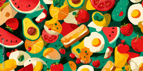 Vibrant and colorful assortment of fresh fruits and breakfast foods seamless pattern background