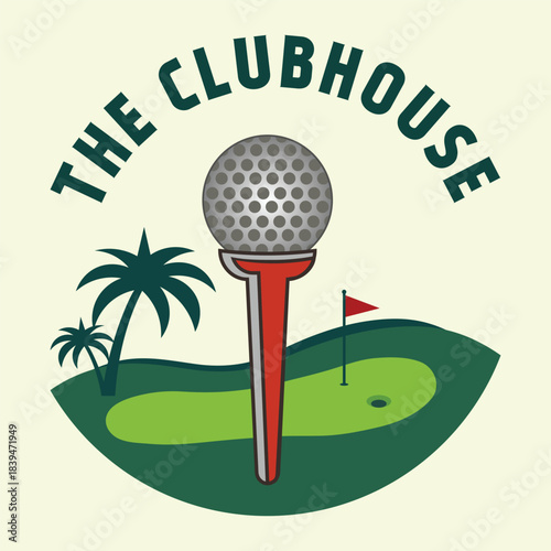 Golf Clubhouse Course Logo with Ball and Flag Vector