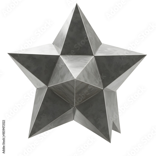 A 3d rendered metallic star with a reflective surface on a white background