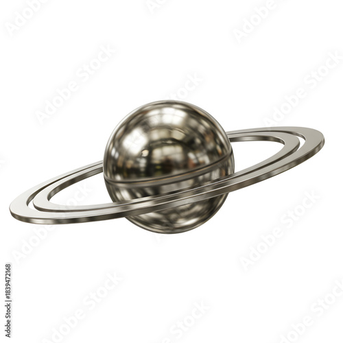 A metallic sphere with a reflective surface surrounded by rings on a white background 