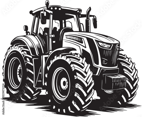 Powerful modern farm tractor illustration in bold black and white line art style perfect for agricultural design projects