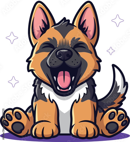 A cute and happy cartoon German Shepherd puppy sitting with its mouth wide open and tongue out.