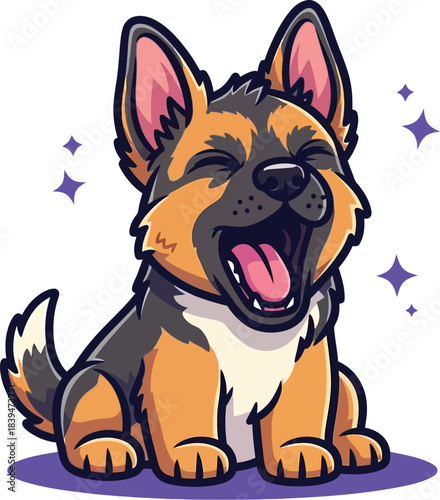A cute and happy cartoon German Shepherd puppy is sitting and yawning with its mouth wide open.