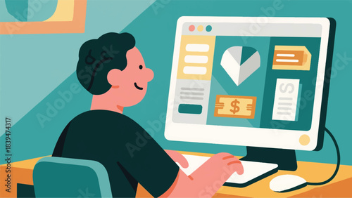 Illustration Of Person With A Learning Disability Is Confidently Using A Computer To Pay Bills Online Vector Design Template