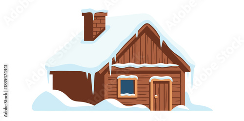 A cozy wooden cabin illustration covered in thick snow with icicles hanging from the roof, a glowing window, a snowy chimney, and a peaceful winter atmosphere surrounding the cottage scene