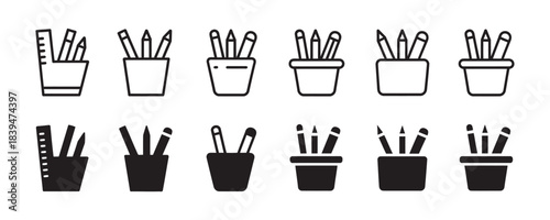 Essential collection of modern desk organizer icons showing pencils and rulers for creative workspace design