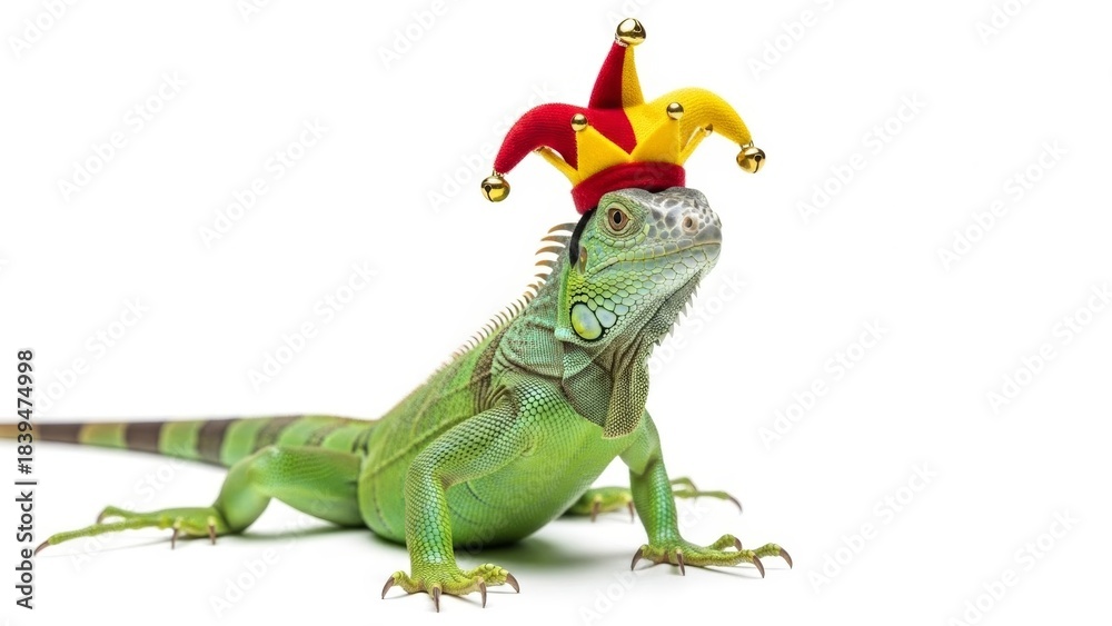 Fototapeta premium iguana wearing a jester hat, joker, entertainer, on a white background, animal photo