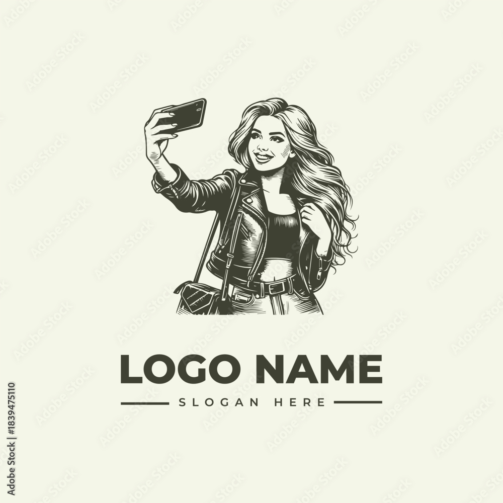 Obraz premium Selfie Taking Woman Vector Illustration Logo Design Engraving Style Lifestyle Concept