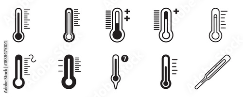 Collection of diverse black and white thermometer icons showing various temperature readings and climate conditions