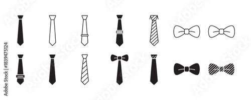 Elegant collection of black and white necktie and bow tie icons perfect for formalwear branding and menswear design projects