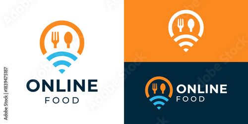 Creative simple online food logo template. Map point location with spoon fork and signal wifi for local food logo design vector illustration.